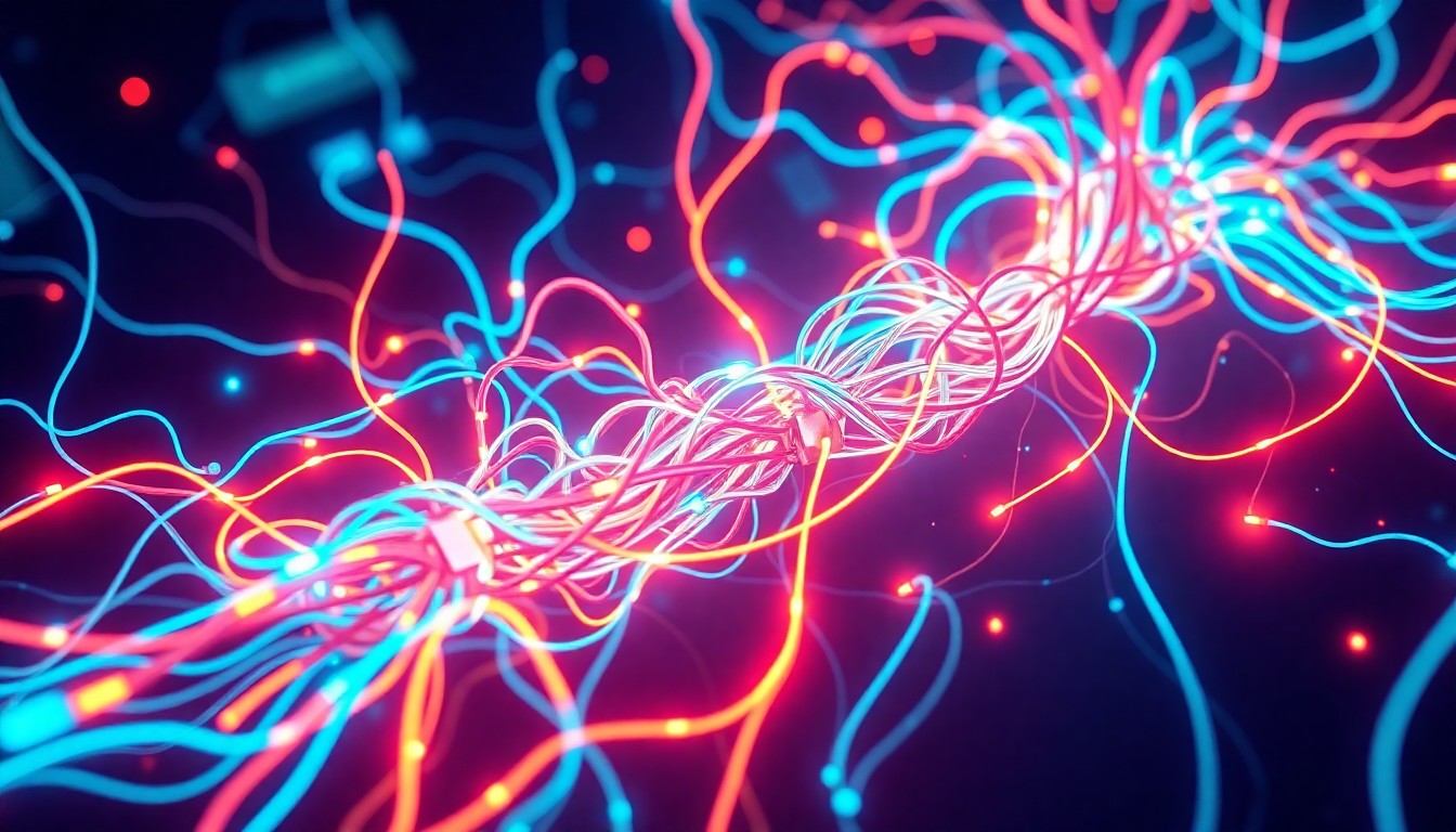 A highly detailed, glowing 3D illustration of a complex network of illuminated wires, circuits, and data streams, conceptually representing the intricate infrastructure behind modern customer service operations.