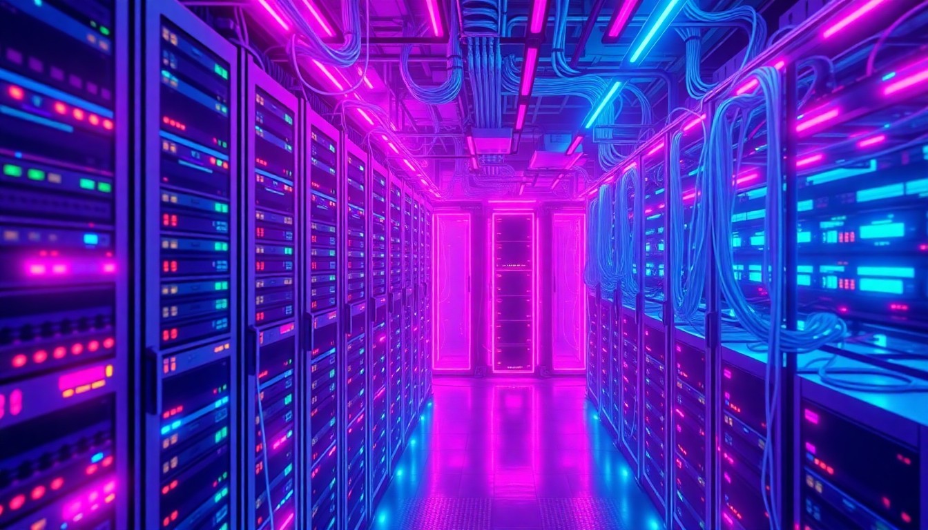 A highly detailed, glowing 3D illustration of a complex data center network, with neon lights highlighting the interconnected servers, cables, and cooling systems, conceptually representing the secure, high-compliance cloud infrastructure required for sensitive government data.