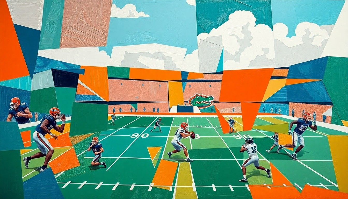 A fragmented, geometric painting depicting a Florida Gators football practice, with sharp planes of teal, orange, and white representing the players, coaches, and equipment on the field.