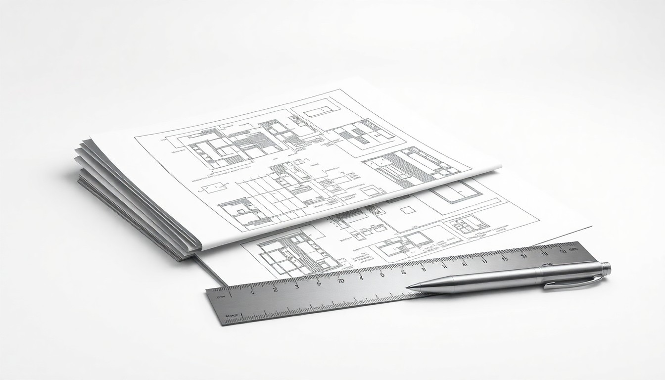 A photorealistic studio still life featuring a stack of architectural blueprints, a metal ruler, and a sleek, modern pen in shades of gray, black, and silver, conceptually representing the meticulous planning and execution of Peachtree Group's commercial real estate lending activities.