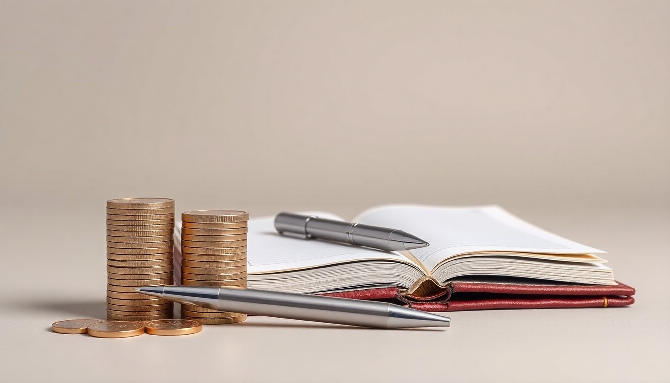 A minimalist studio still life featuring a stack of polished metal coins, a sleek silver pen, and a leather-bound ledger book, symbolizing the financial expertise and attention to detail that Oak Ridge Financial Services provides to its clients.