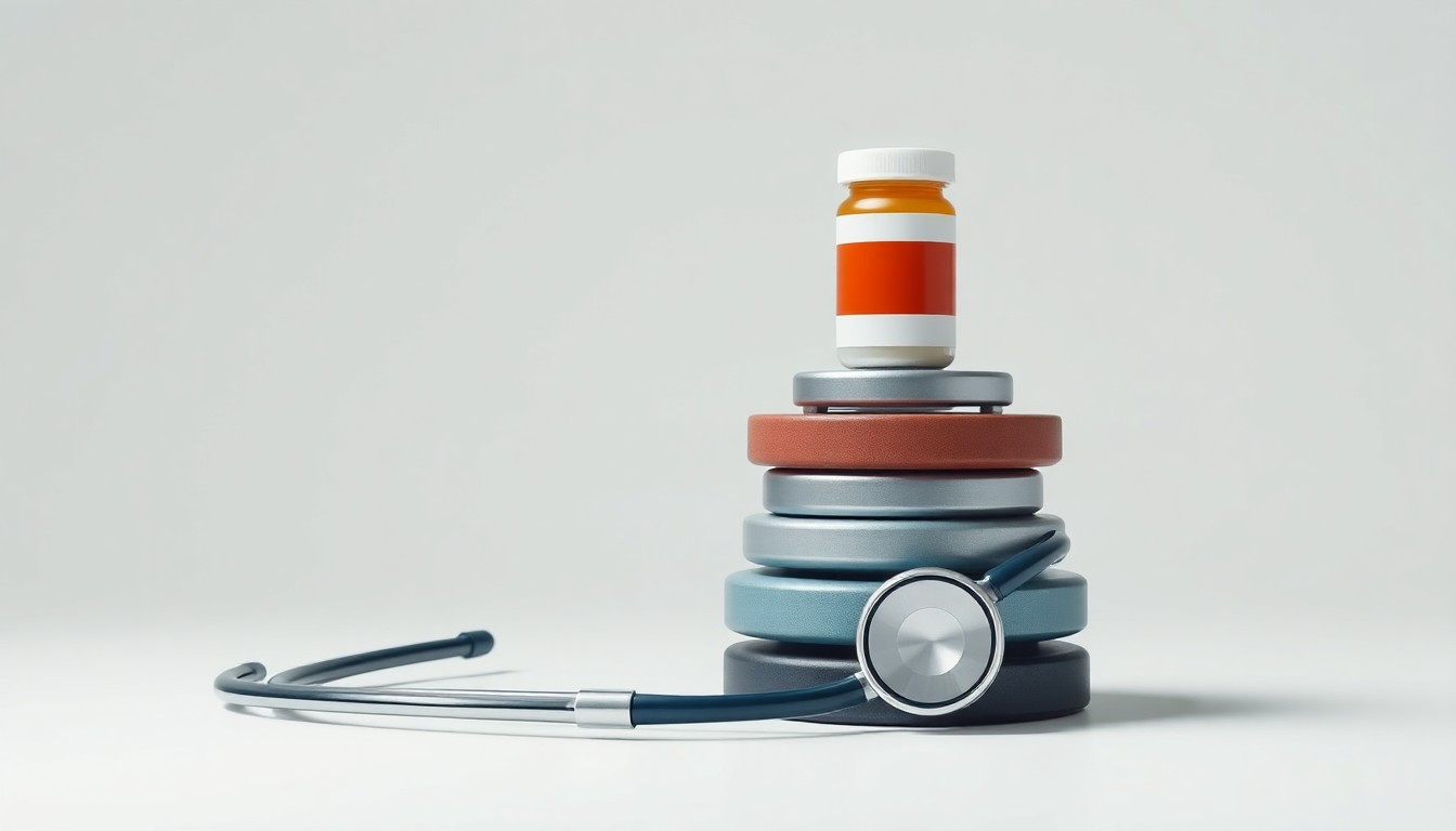 A minimalist, photorealistic studio still life featuring a stack of polished, geometric healthcare objects arranged elegantly against a clean, monochromatic background, conceptually representing Elevance Health's focus on corporate strategy and innovation.