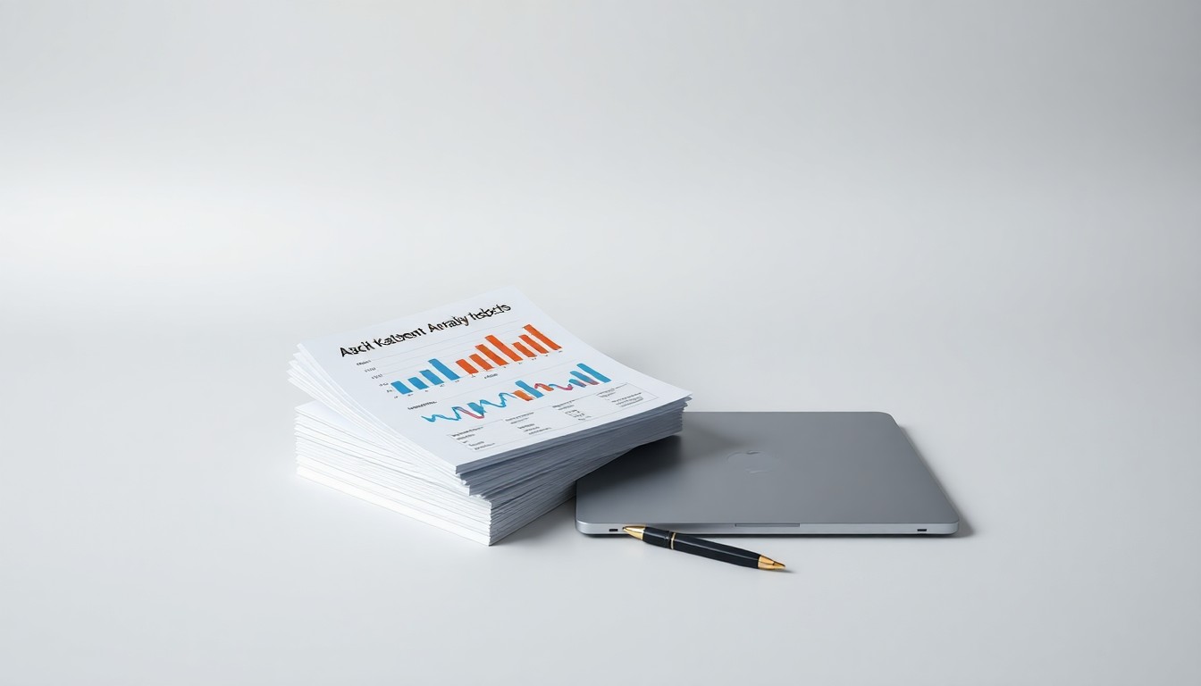 A minimalist studio still life photograph featuring a stack of marketing analytics reports, a laptop, and a pen arranged on a clean, monochromatic background, conceptually representing the data-driven approach to digital marketing strategy.