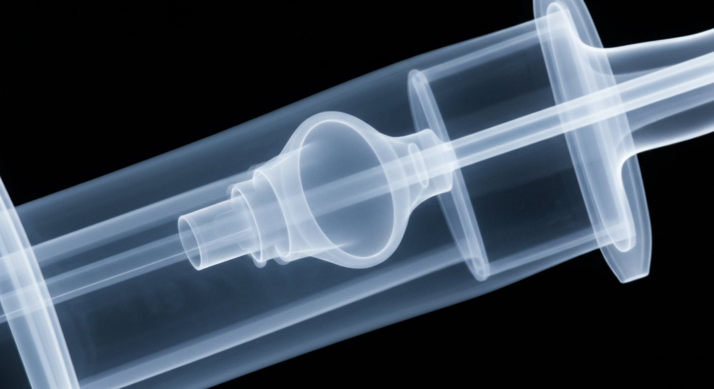 An extreme close-up X-ray photograph revealing the intricate internal structures of a medical syringe or IV bag, conceptually representing the data-driven approach to personalized healthcare.