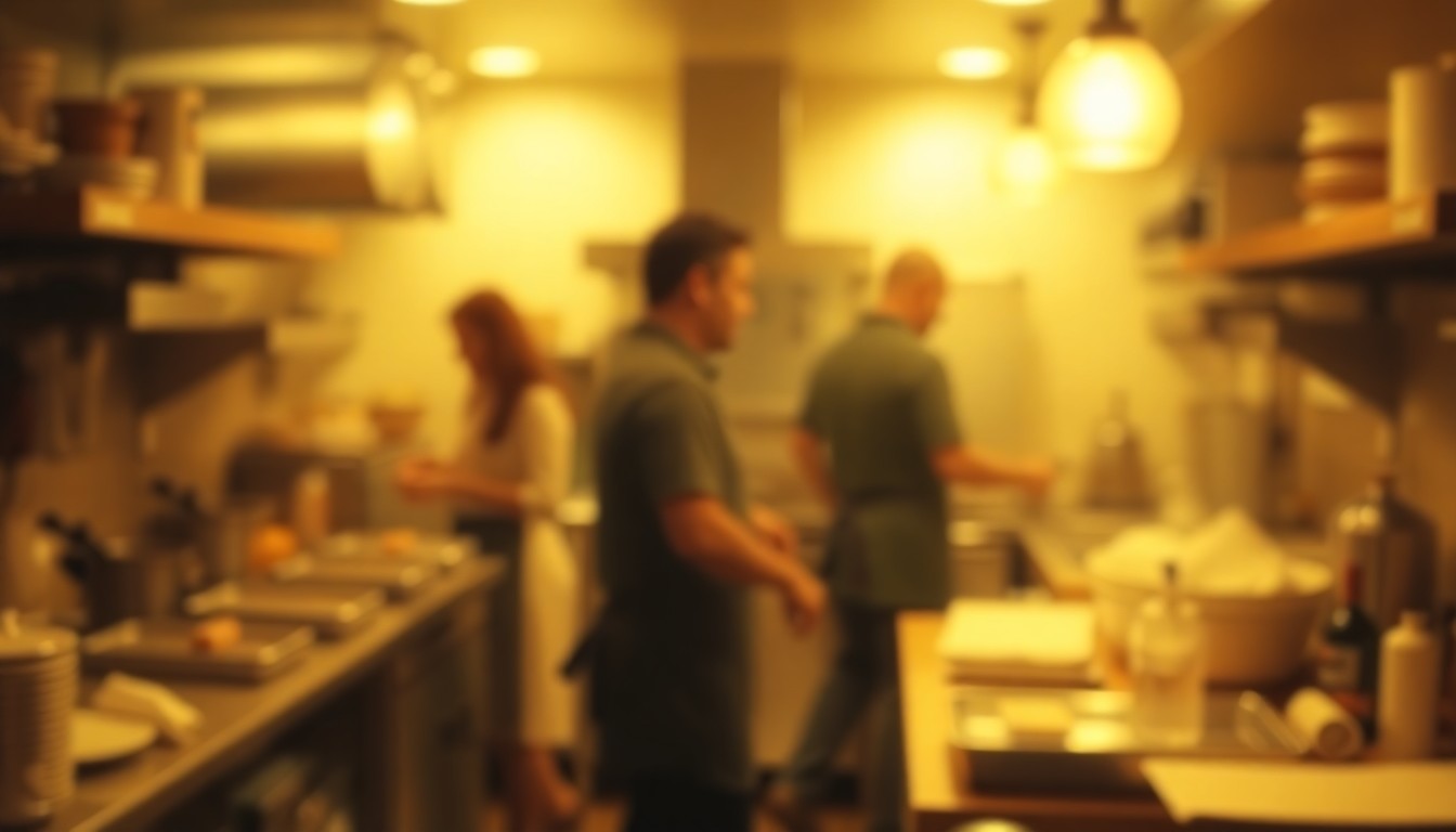An extremely abstracted, out-of-focus photograph in soft pools of warm color and light, depicting a blurred scene of a busy restaurant kitchen with indistinct figures and kitchen equipment, conceptually representing the prestigious James Beard Awards and the Bay Area's vibrant culinary landscape.