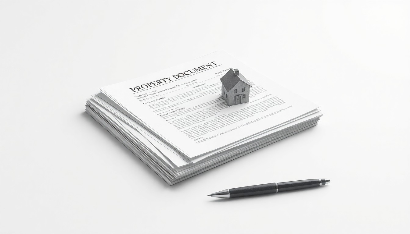 A high-end, photorealistic studio still-life photograph featuring a stack of property documents, a house-shaped paperweight, and a pen on a clean, monochromatic background, conceptually representing the abstract concepts of real estate transactions, financing, and property management.