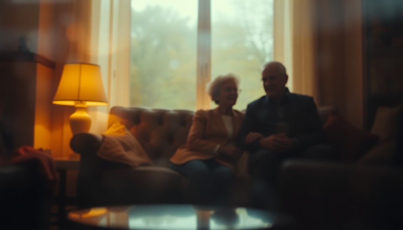 An extremely blurred, impressionistic photograph showing the silhouettes of an elderly couple sitting together on a couch, surrounded by soft, glowing pools of warm color and light, conceptually representing the lifetime of service and community engagement of Janice and Ray Fuller.