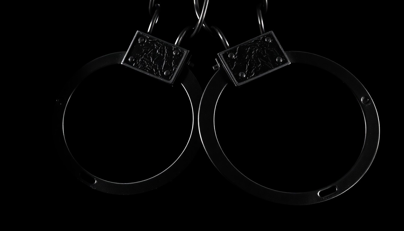 An extreme close-up photograph of a pair of metal handcuffs against a pitch-black background, the harsh lighting creating dramatic shadows and highlights that convey a sense of urgency and investigation around the crime.