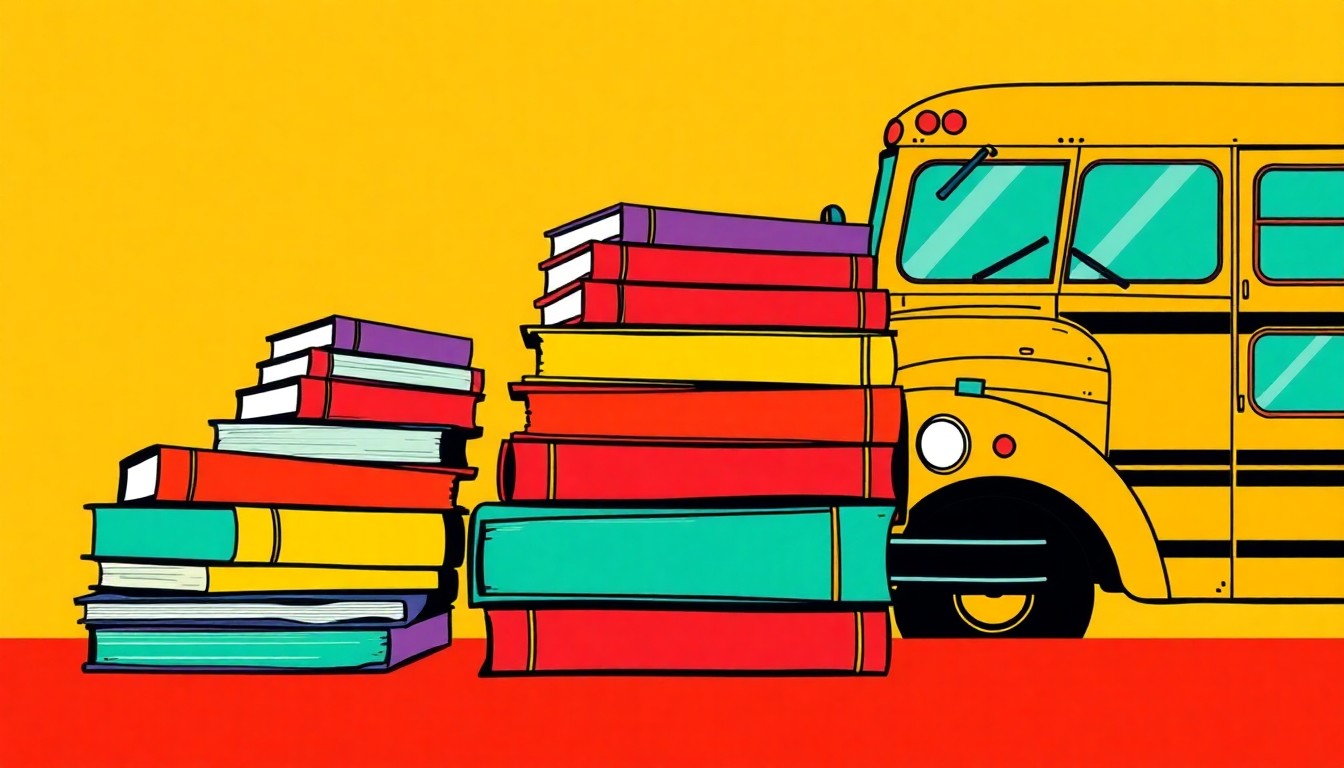 A bold, colorful silkscreen print depicting a repeating grid of iconic school objects like textbooks, cafeteria trays, and a school bus, rendered in a vibrant neon color palette with heavy black outlines, conceptually representing the diverse roles that make up a school community.