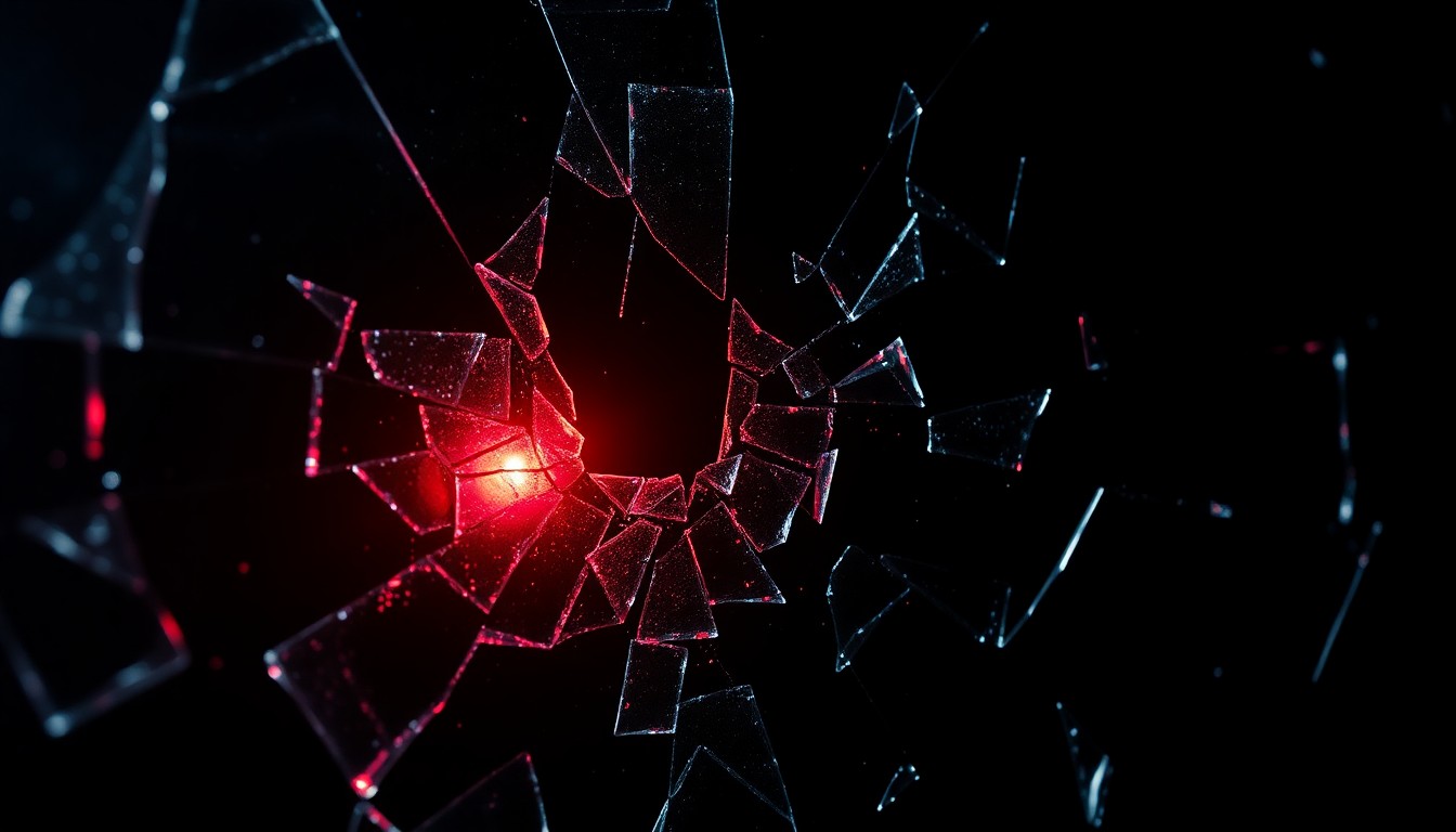 An abstract close-up photograph of shattered glass reflecting a faint red light, conveying the complex and disturbing nature of the Jeffrey Epstein case through dramatic lighting and texture.