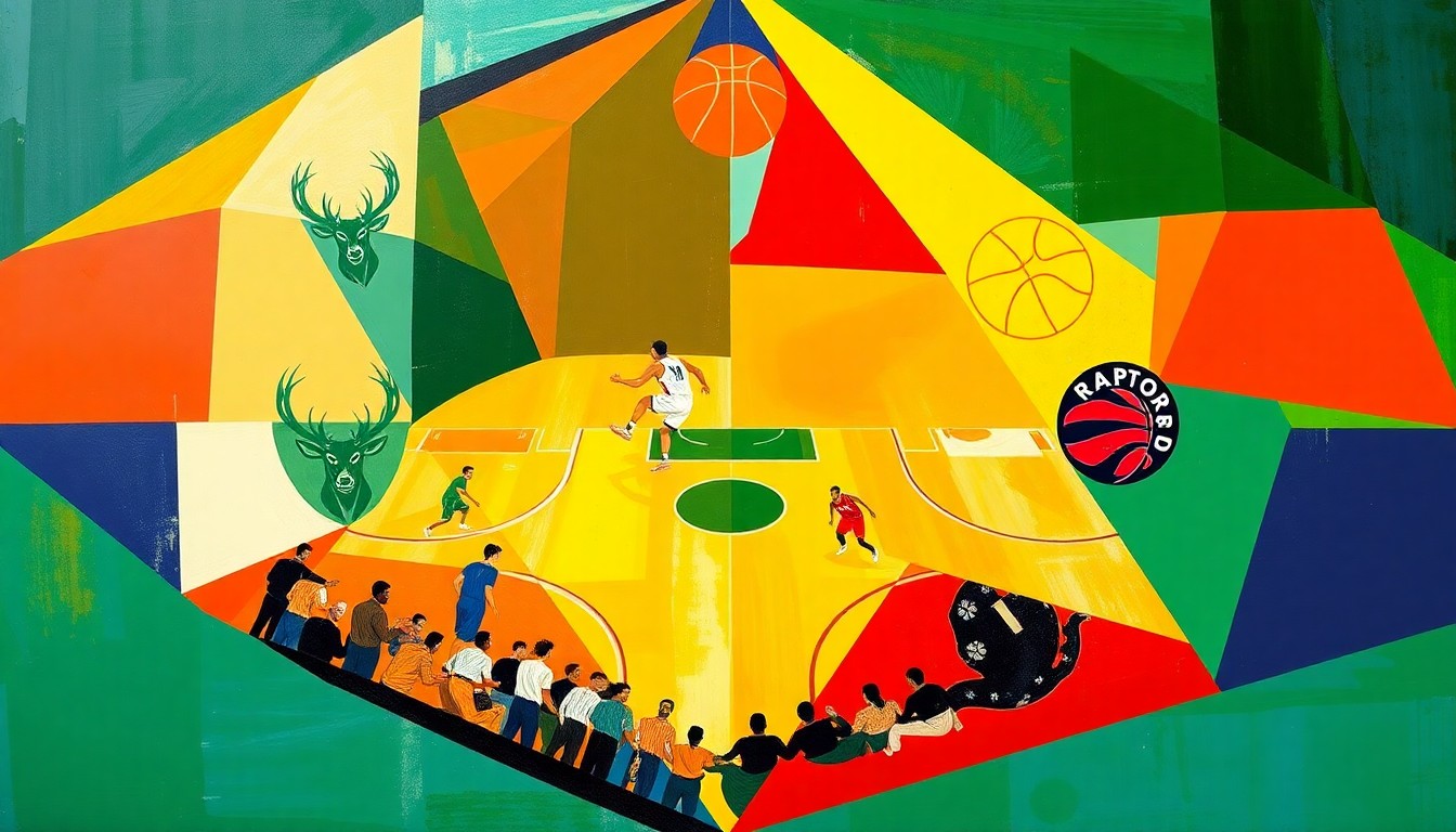 A cubist, geometric painting depicting the action of a basketball game, with sharp, overlapping planes of color representing the players and movement on the court.