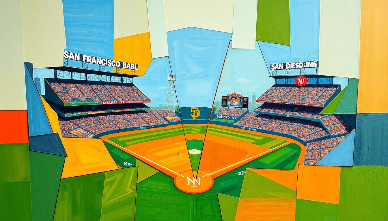 A cubist, geometric painting depicting a baseball game in progress, with the players and field fragmented into overlapping planes of vibrant colors like orange, blue, and green, capturing the dynamic energy of the game.