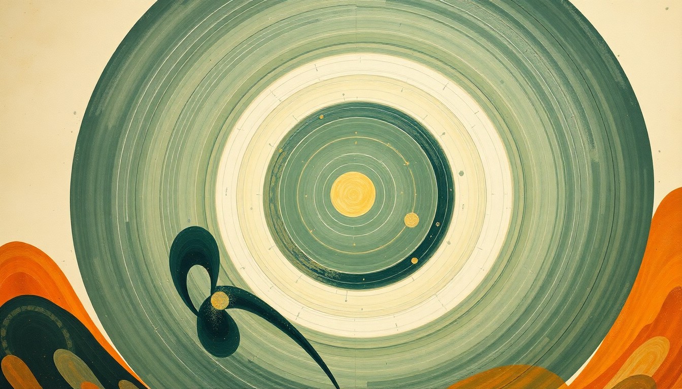 A bold, highly structured abstract painting in soft, earthy tones of green, blue, and orange, featuring sweeping geometric arcs, concentric planetary circles, intersecting waveforms, and precise botanical or physical spirals, conceptually representing the celestial events of April 2026 in Park City.