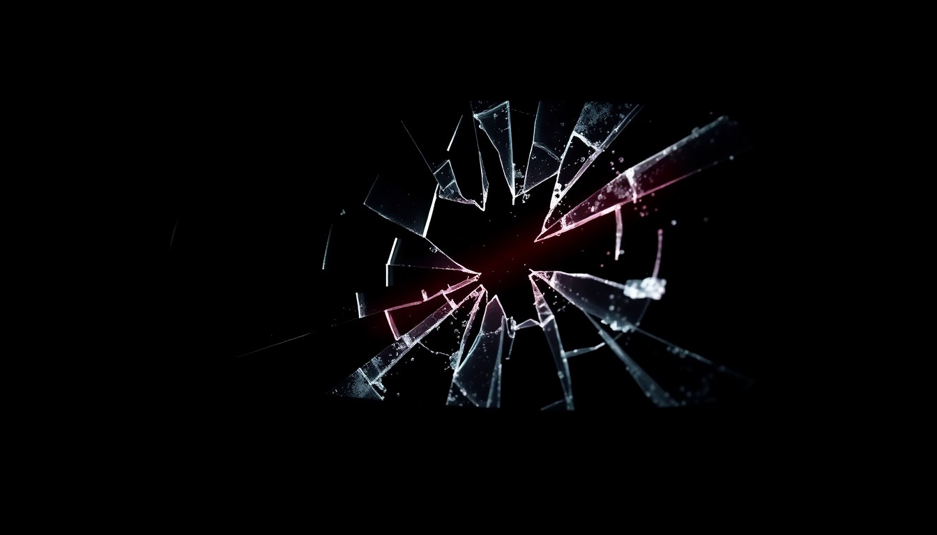 An extreme close-up photograph of a shattered car side mirror, the jagged, cracked glass reflecting a faint red light against a pitch-black background, conceptually representing the violence and aftermath of a road rage incident.