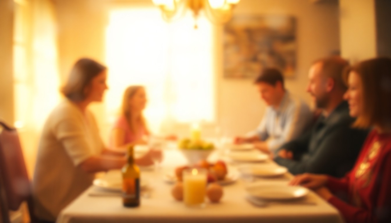 An impressionistic, out-of-focus photograph showing the blurred silhouettes of people gathered around a table, with warm pools of light and color creating an intimate, contemplative mood.