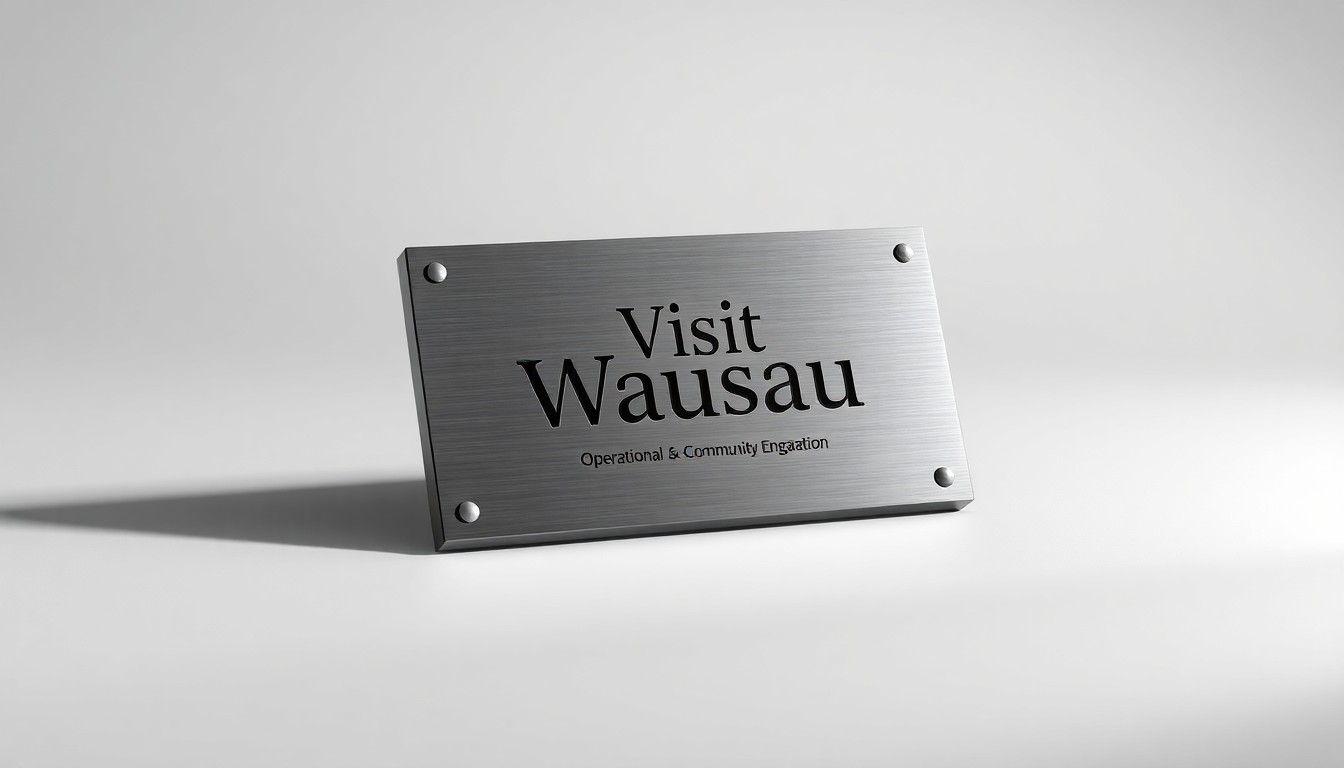 A polished metal plaque with the Visit Wausau logo engraved on it, resting on a clean, monochromatic background and dramatically lit to convey a sense of professionalism and community focus.