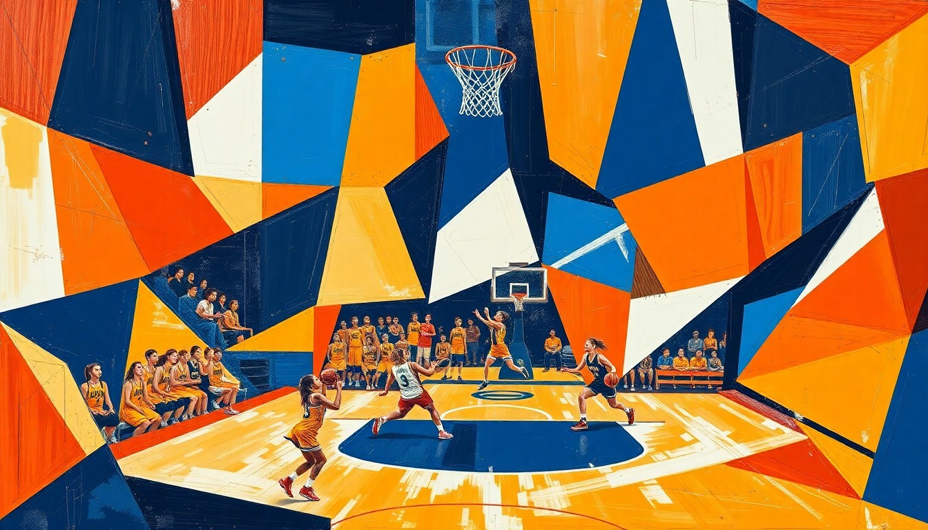 A fractured, cubist-style painting depicting the dynamic action of a women's basketball game, with sharp geometric shapes in warm tones of orange and blue conveying the energy and intensity of the Longhorns' dominant performance.