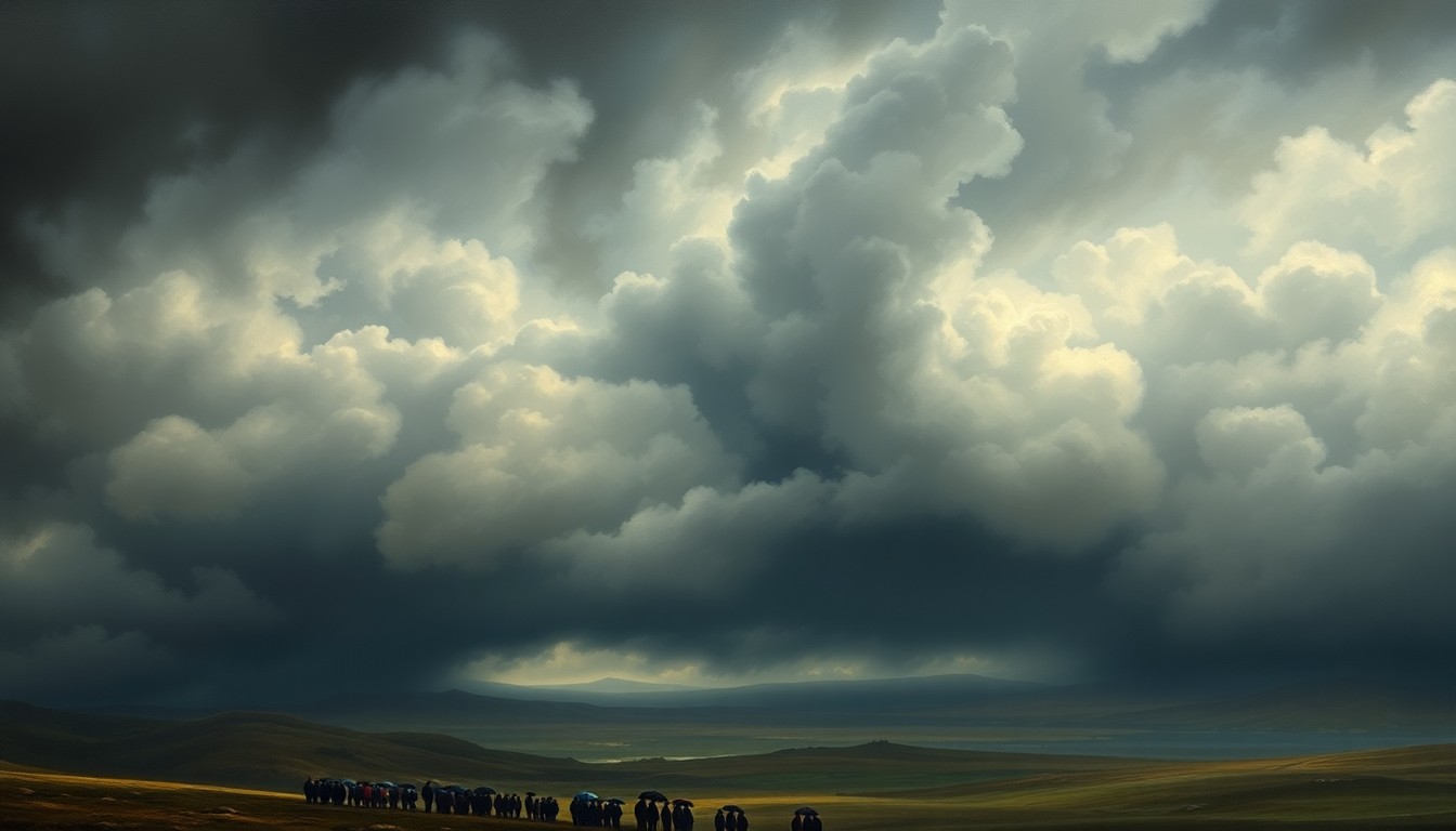 A sweeping, atmospheric landscape painting depicting a dramatic, cloudy sky with a small group of people sheltering under umbrellas in the foreground, conveying the overwhelming power of nature during an unsettled spring storm.
