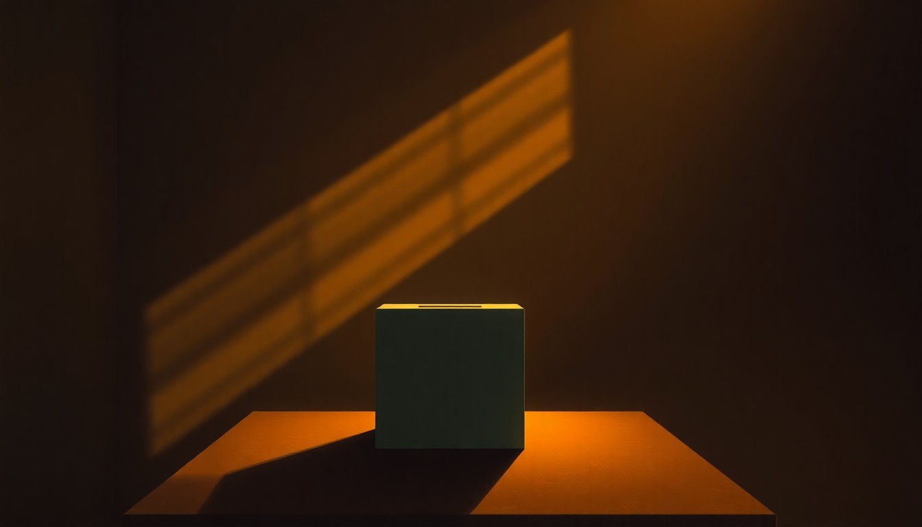 A quiet, cinematic painting of a solitary ballot box on a table in a dimly lit room, bathed in warm, diagonal sunlight and deep shadows, conceptually representing the importance of local elections.