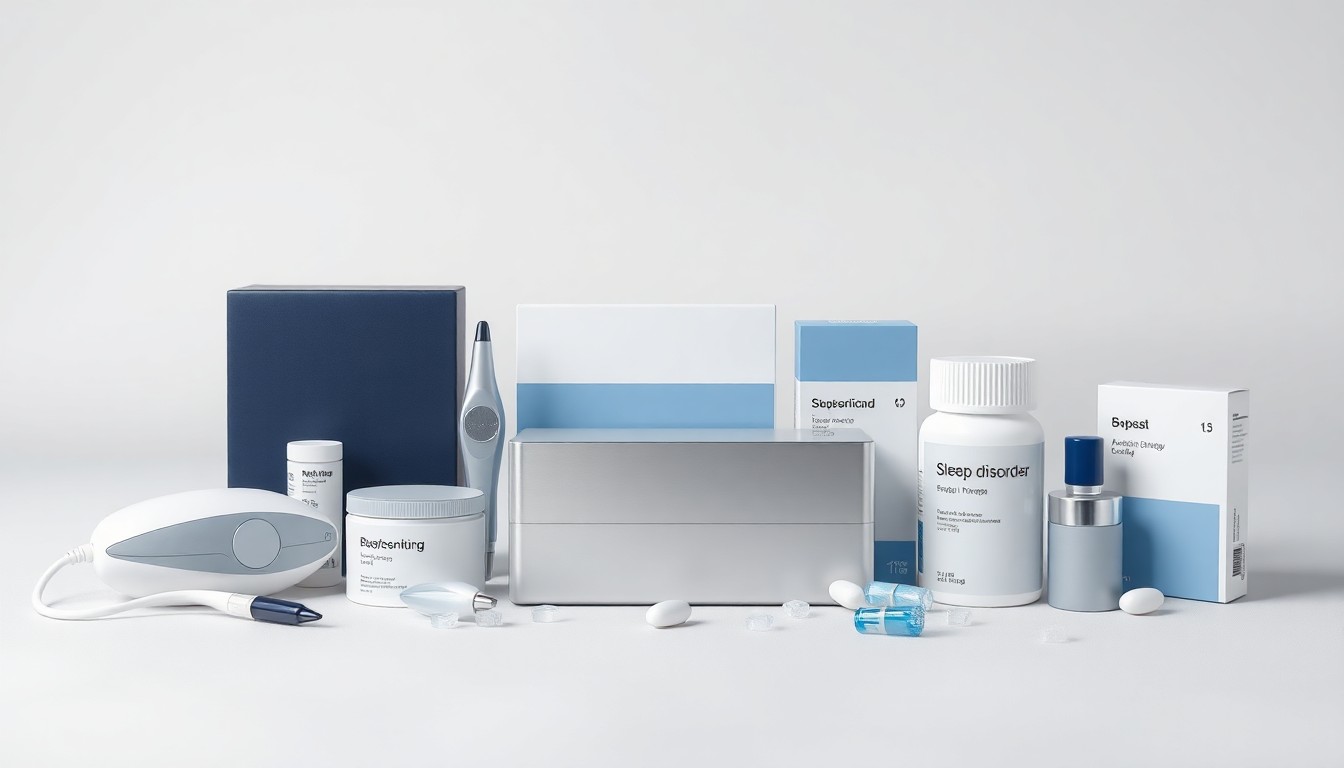 A high-end, photorealistic studio still-life photograph featuring a collection of premium, polished medical devices and pharmaceutical packaging arranged elegantly on a clean, monochromatic background, conceptually representing the corporate strategy and innovation behind sleep disorder treatments.