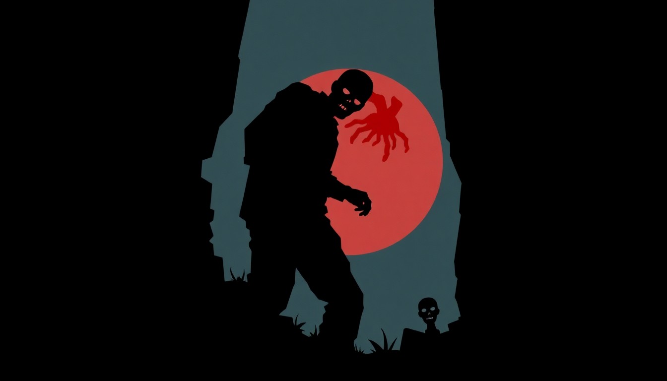 A stark, abstract illustration featuring a shadowy, jagged silhouette of a zombie figure emerging from a dark background, conveying the suspenseful and eerie tone of the independent film project.