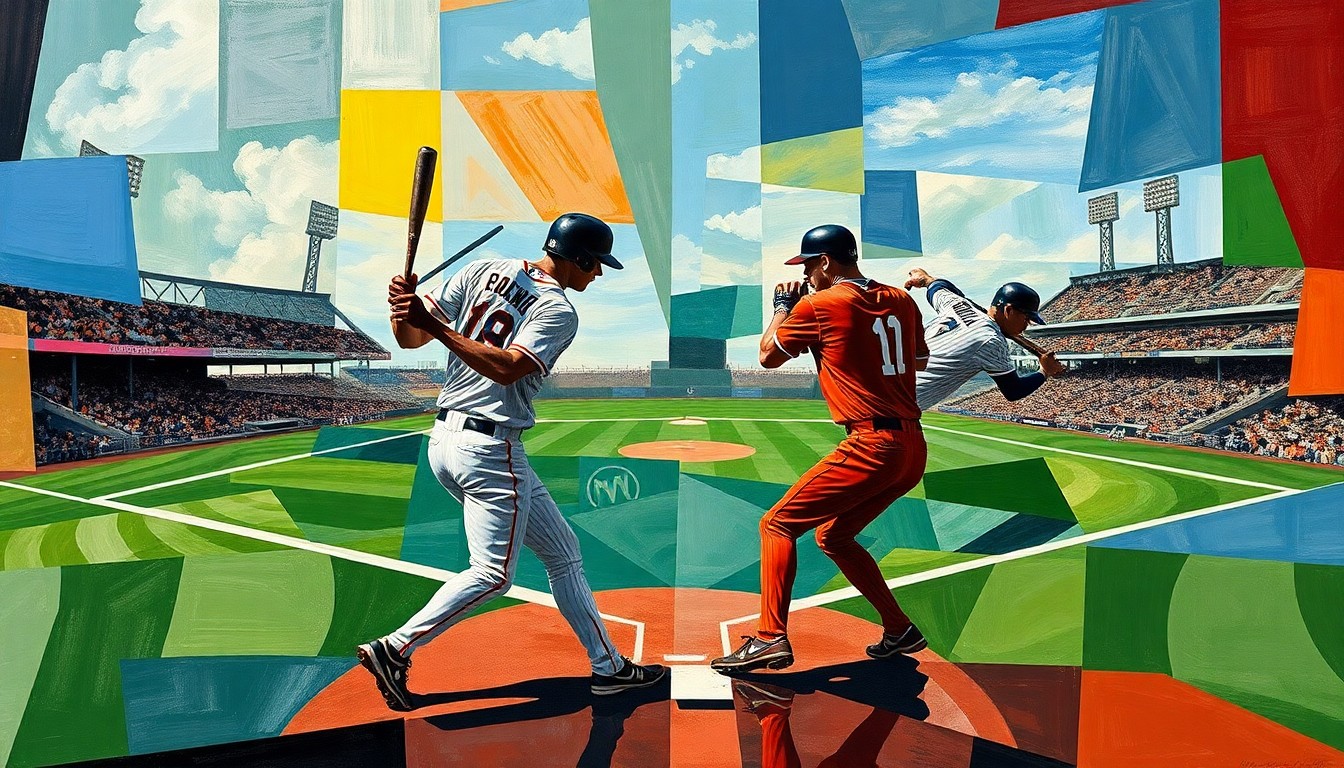 A cubist, geometric painting depicting a baseball game or match, with the players' bodies and the field broken down into abstract, overlapping shapes and planes of color.