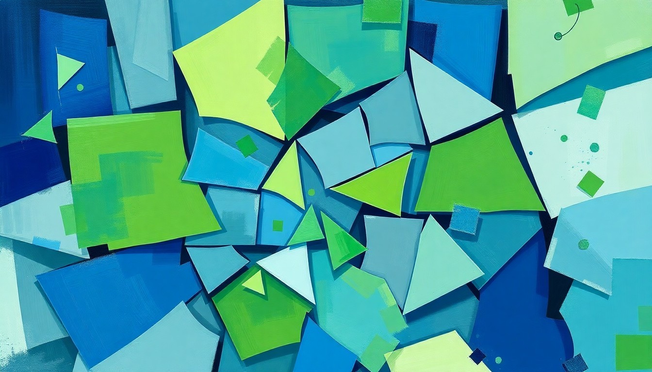An abstract, dynamic painting featuring overlapping, fragmented geometric shapes in shades of blue, green, and gray, conceptually representing the chaotic political process surrounding New York's state budget negotiations.