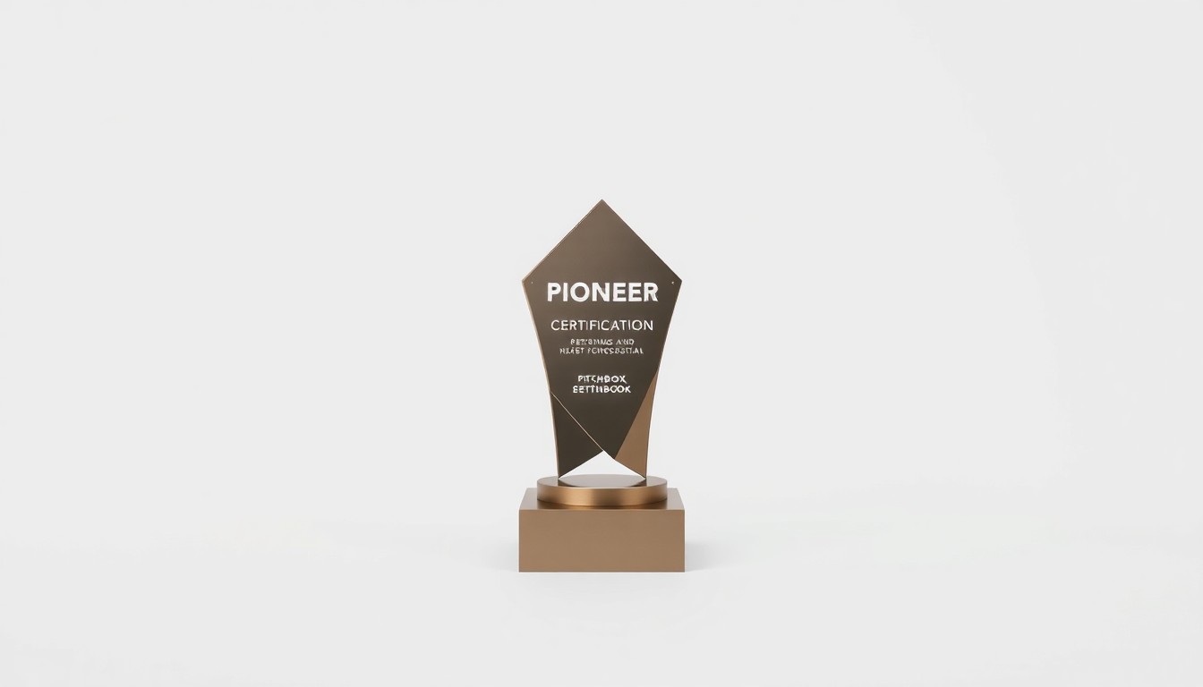 A minimalist, high-end studio photograph featuring a sleek, geometric metal trophy or award on a clean, monochromatic background, conceptually representing the prestigious PitchBook Pioneer Certification program.