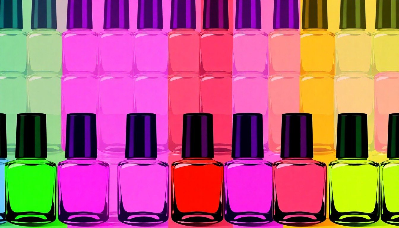 A highly stylized, abstract grid of brightly colored nail polish bottles in shades of pink, orange, and purple, conveying the vibrant, innovative nature of the new Nail Blush product.