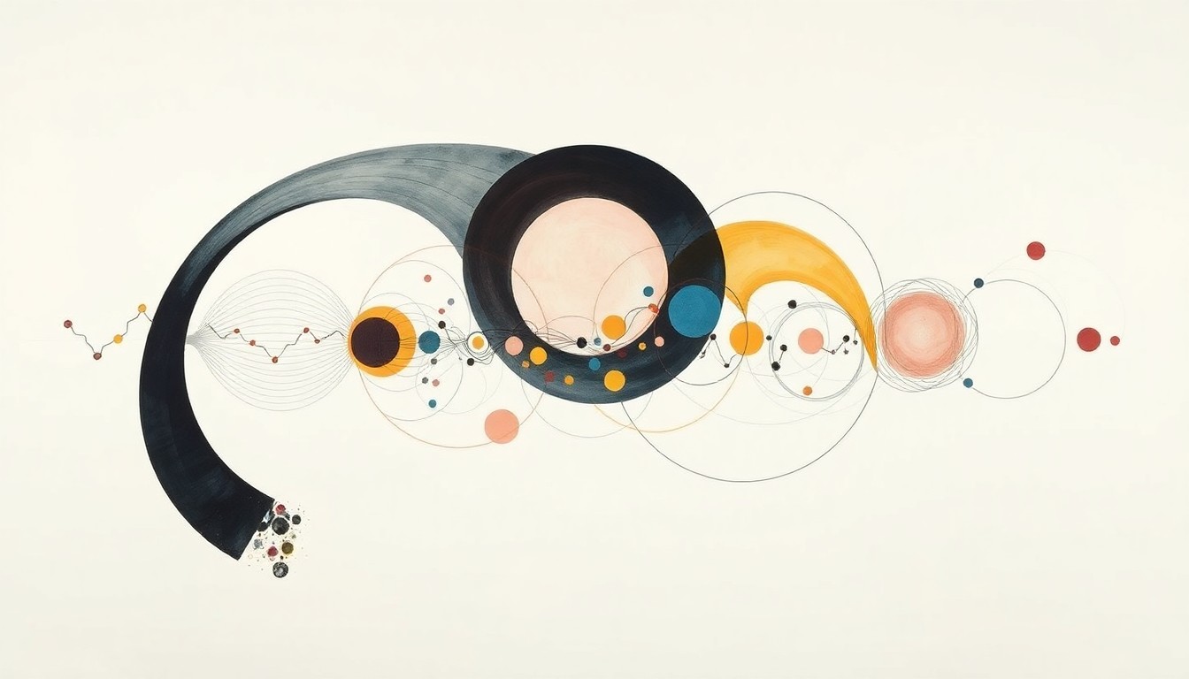 A highly structured abstract painting featuring sweeping geometric arcs, intersecting waveforms, and precise botanical spirals in soft colors, conceptually representing the complex molecular structures and pharmaceutical development processes behind Ambros Therapeutics' latest patent.