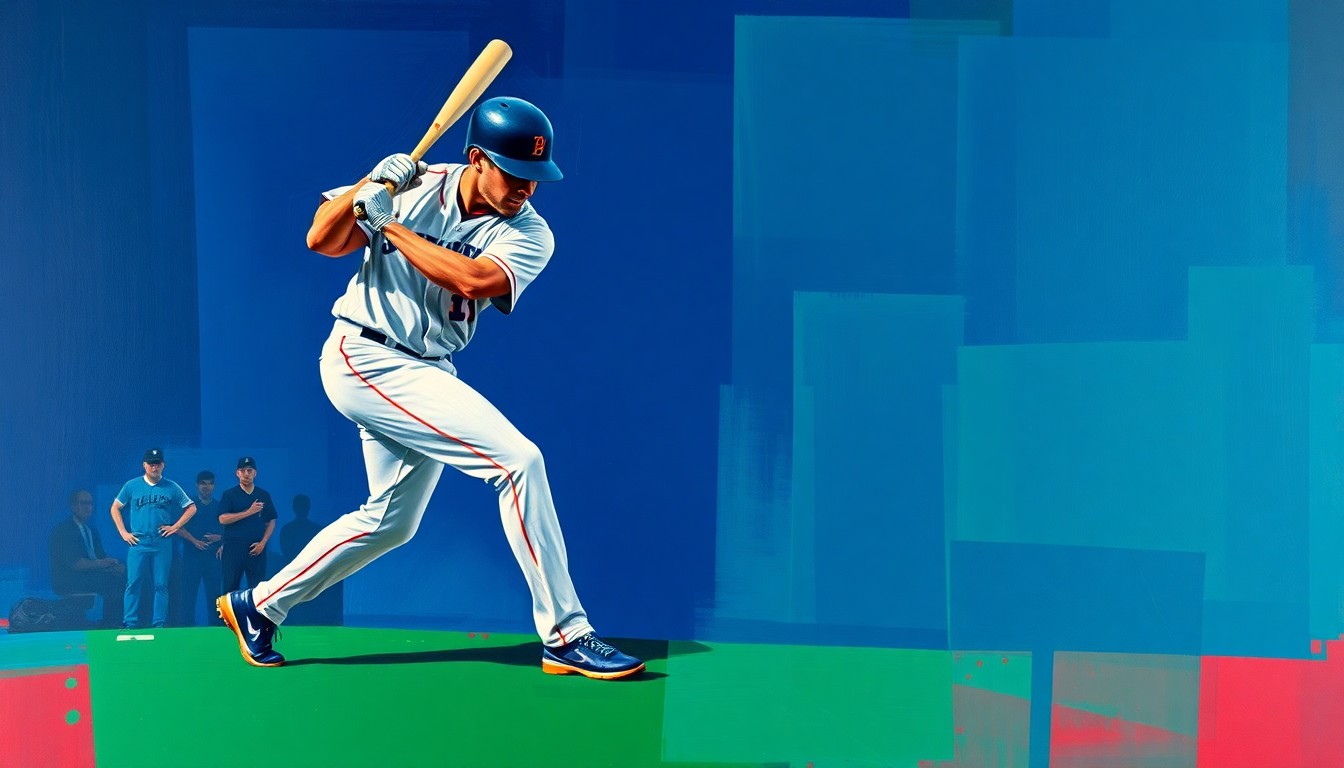 A fractured, cubist-style painting depicting a baseball player in motion, with their body and equipment broken down into sharp, overlapping geometric shapes in a vibrant color palette, conceptually representing the Mariners' strategic move to lock up a top prospect long-term.