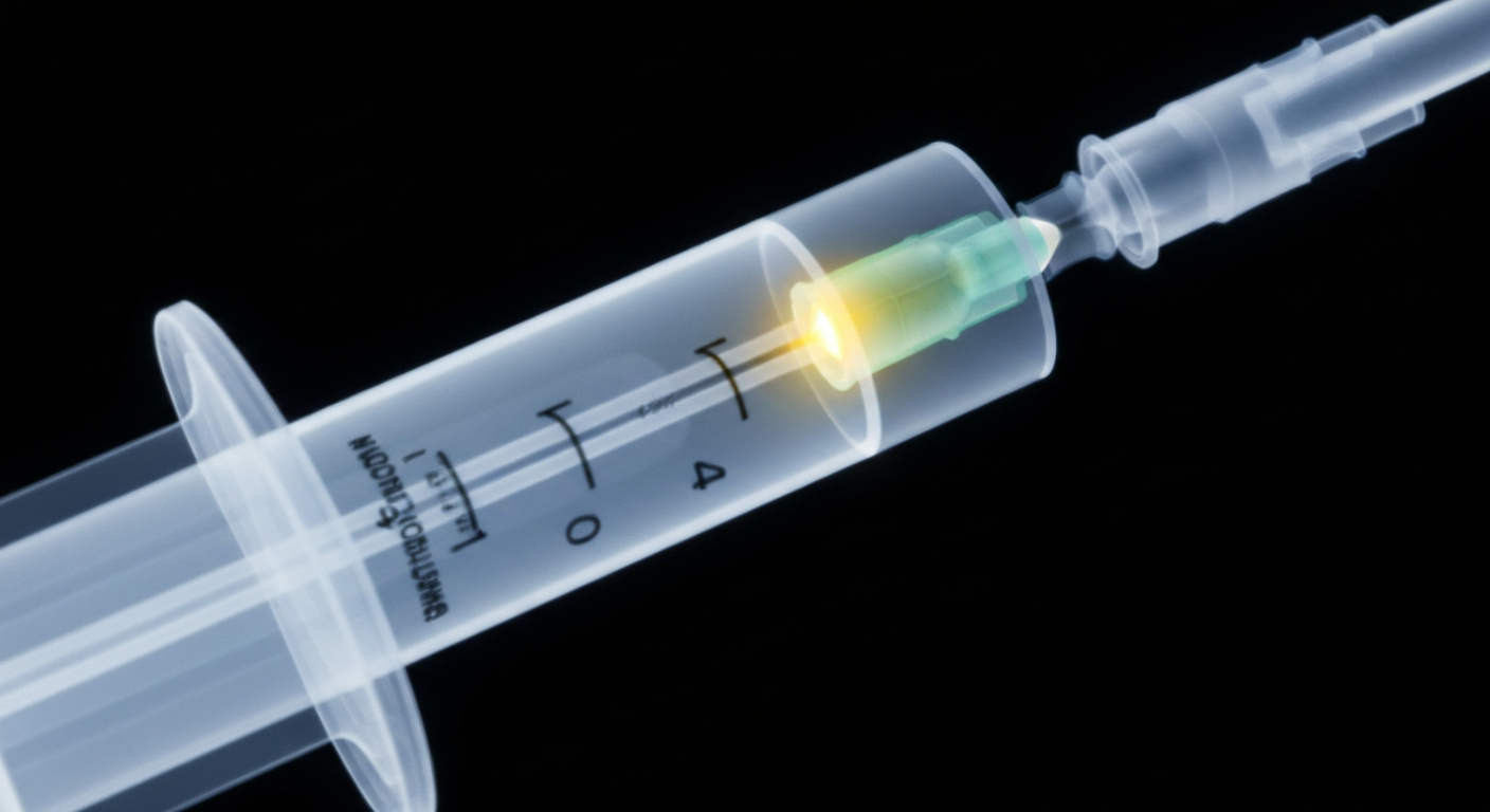 An extreme close-up X-ray photograph revealing the intricate internal structure of a syringe filled with a glowing, fluorescent liquid, conceptually representing a new anesthesia medication.