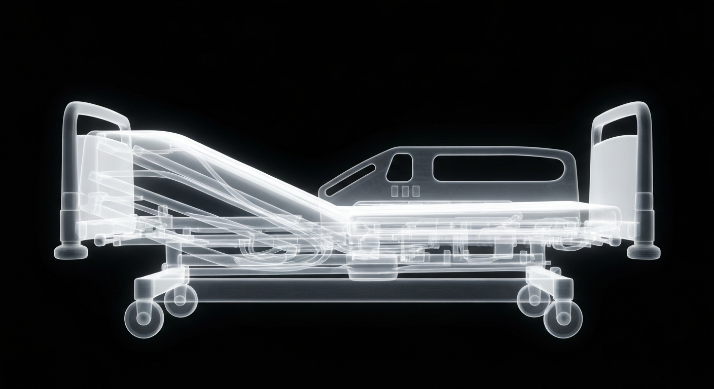 A ghostly, translucent X-ray photograph revealing the internal structure of a hospital bed or medical equipment in glowing, ethereal lines against a dark background, conceptually representing the innovative, technology-driven approach to coordinating care for high-utilizer patients.