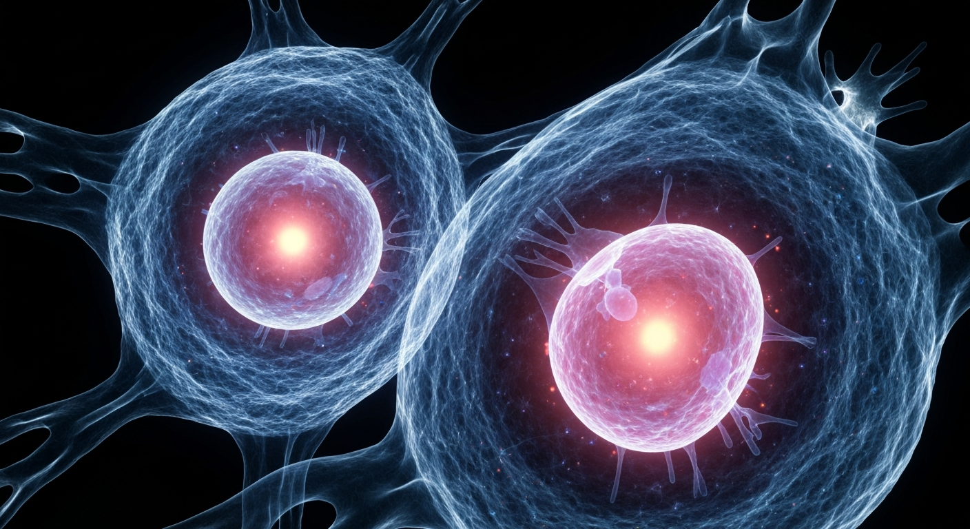 An extreme close-up X-ray image revealing the intricate internal structures of a breast cancer cell, conceptually representing Telomir's approach to targeting the epigenetic and metabolic drivers of this disease.