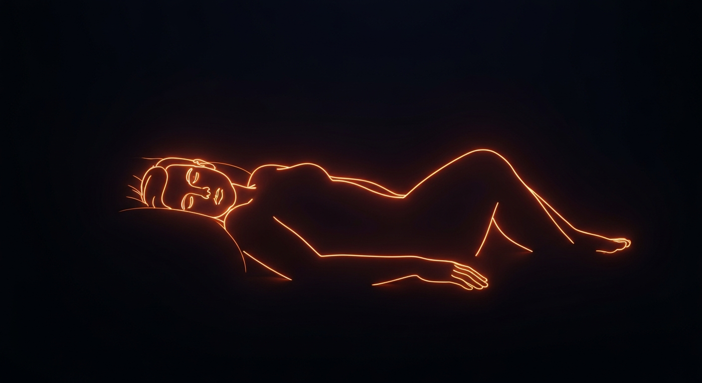 A minimalist, glowing neon outline of a sleeping person's silhouette against a dark background, conceptually representing the sleep disorders that Harmony Biosciences aims to treat.