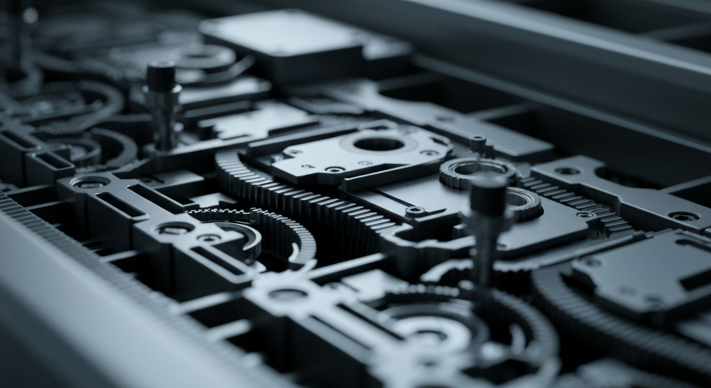 An extreme close-up of gears, levers, and other heavy industrial banking equipment, conveying the tangible, mechanical aspects of ReelTime's financial restructuring efforts.