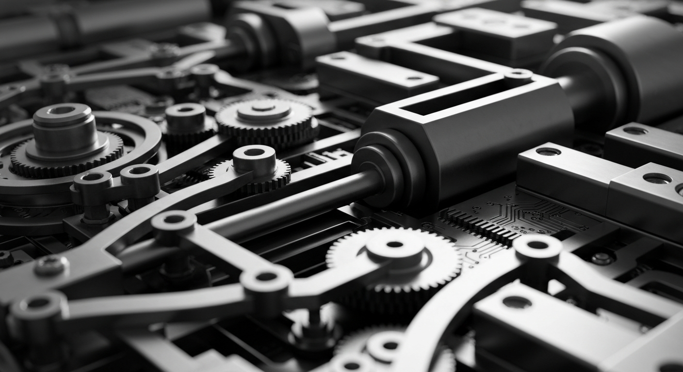 A highly detailed, cinematic close-up of various mechanical and electronic components that make up the inner workings of the financial industry, conveying a sense of the intricate systems that govern investments and stock trading.