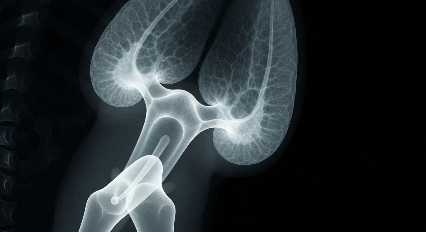 A translucent X-ray image revealing the intricate internal structure of a human prostate gland, conceptually representing the goal of expanding access to quality prostate cancer care globally.