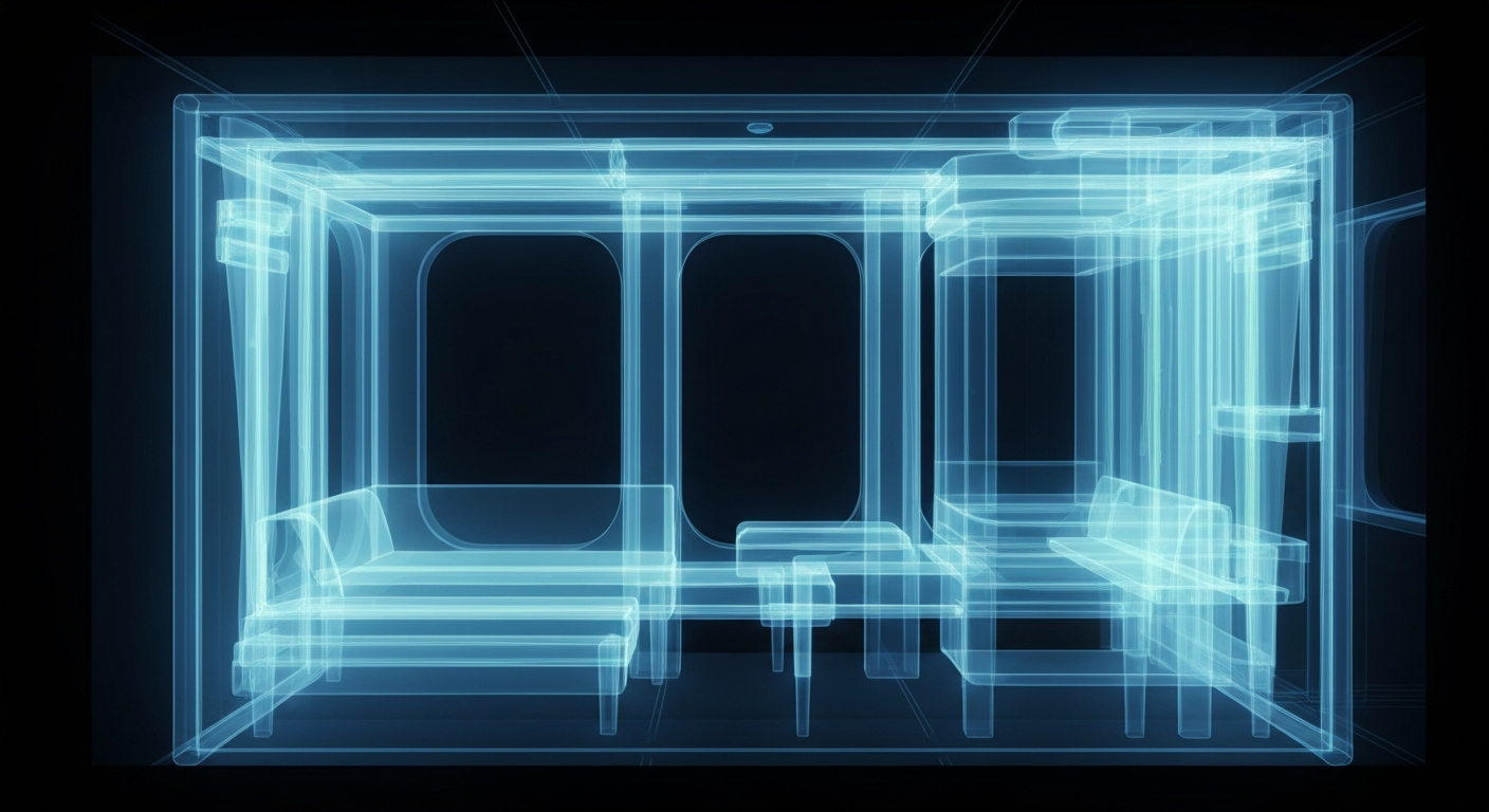 A ghostly, translucent X-ray photograph revealing the internal structure of a cruise ship cabin, with faint blue and green glowing lines representing the wellness and anti-aging benefits of Niagen's NAD-boosting supplement.