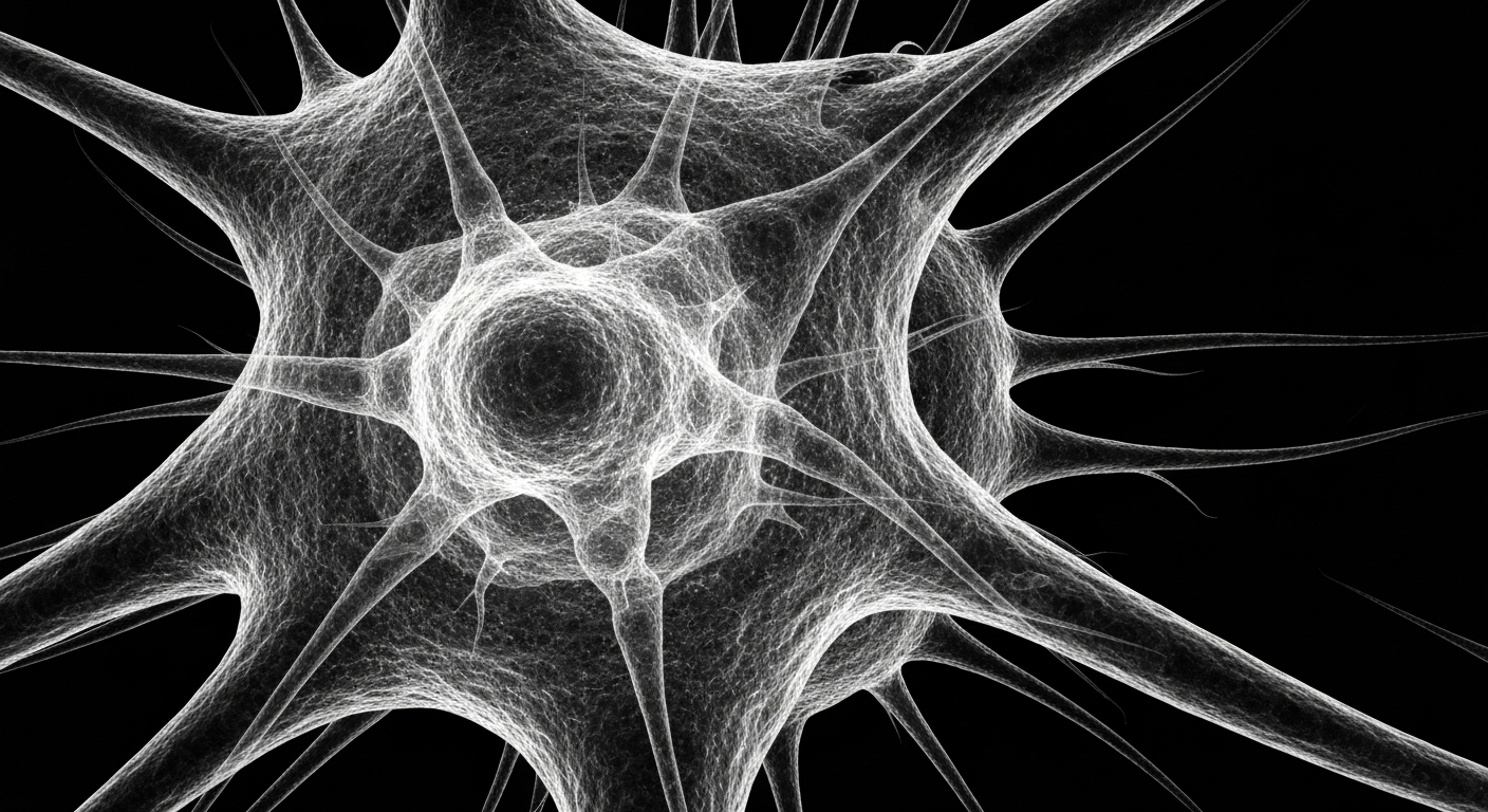 An extreme close-up X-ray photograph revealing the intricate internal structure of a human nerve cell, conveying the complex biological mechanisms underlying ALS.