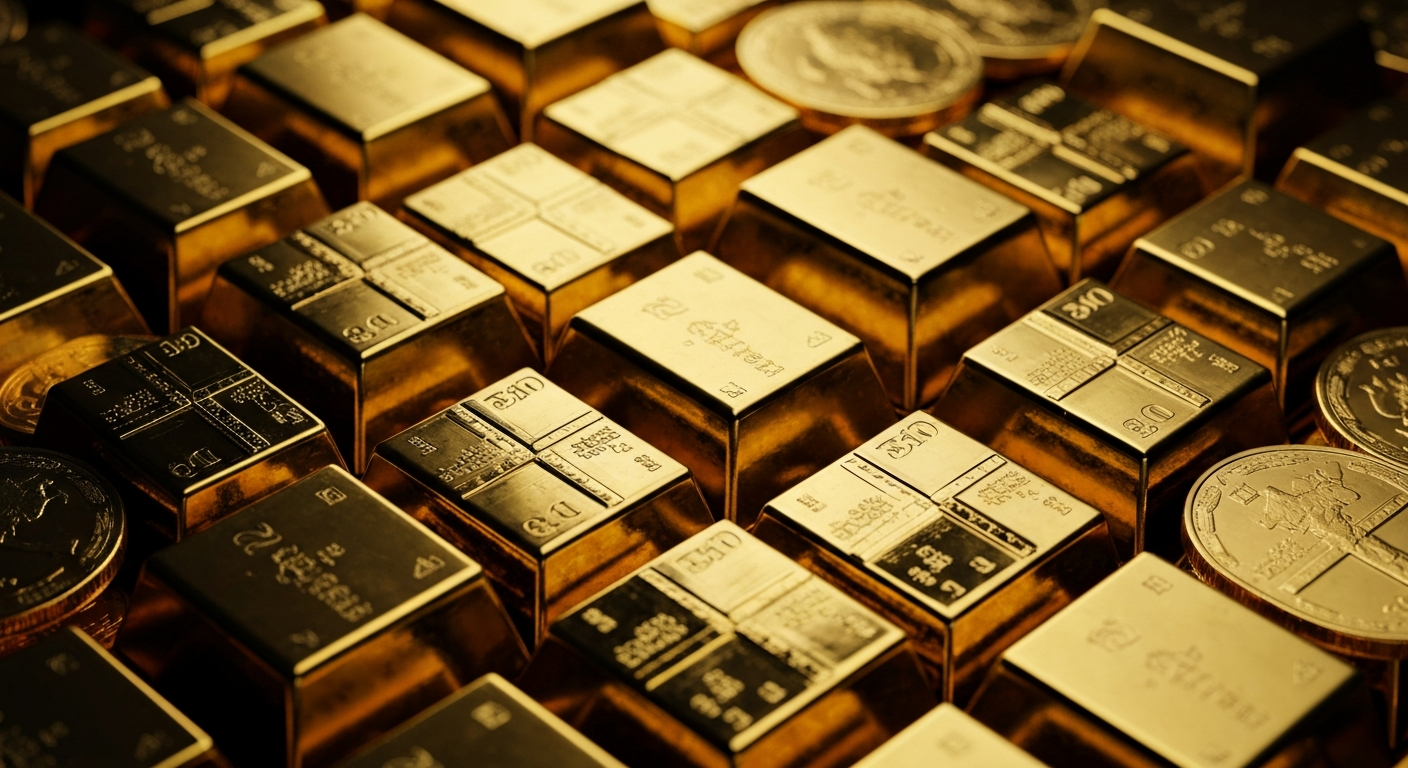 An extreme close-up of shiny, textured gold bullion bars and coins arranged in a precise, geometric pattern, representing the complex mechanics and stored wealth of the financial industry.