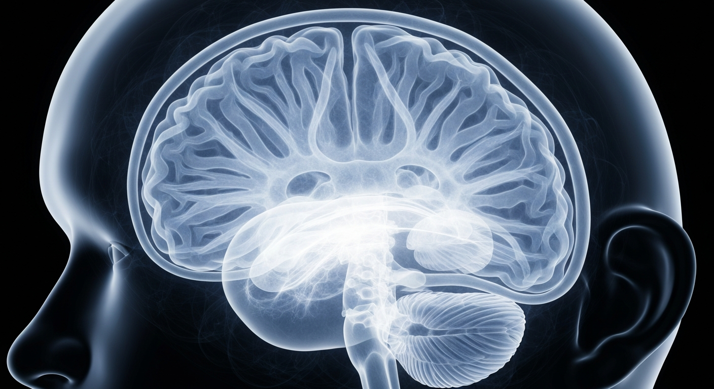 A ghostly, glowing X-ray image of a human brain, its intricate internal structures visible in translucent detail, conveying the complex relationship between mental health and spiritual awareness.