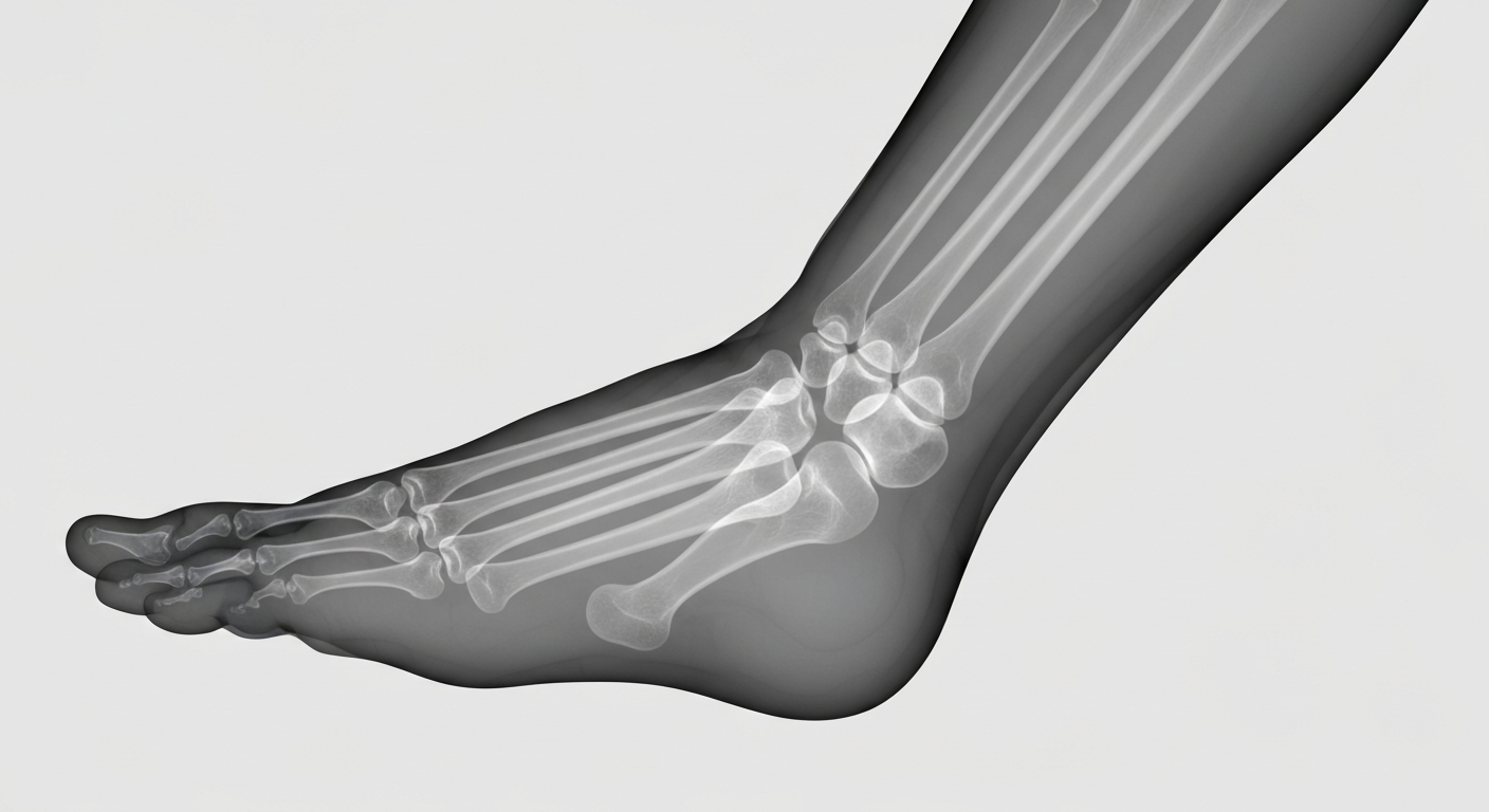 A highly detailed, translucent X-ray photograph showing the intricate bone and tissue structures of a human hand or foot, conveying the complex neurological underpinnings of CRPS-1 through a ghostly, ethereal visual style.