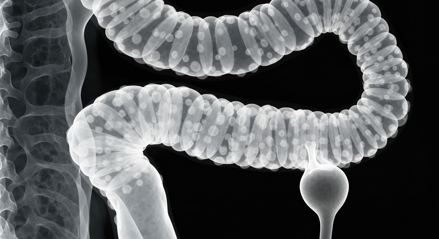 An extreme close-up X-ray image showing the internal structure of a human colon with numerous polyps visible as ghostly, glowing shapes against a dark background, conceptually representing the debilitating effects of Familial Adenomatous Polyposis.