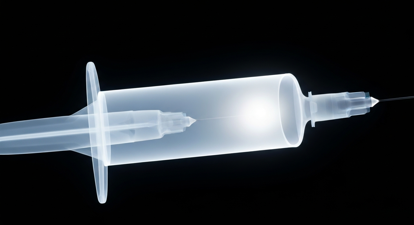 An extreme close-up X-ray image revealing the internal structure of a syringe filled with a glowing, ghostly liquid medication, conceptually illustrating how new treatment options could help address staffing challenges in prisons.