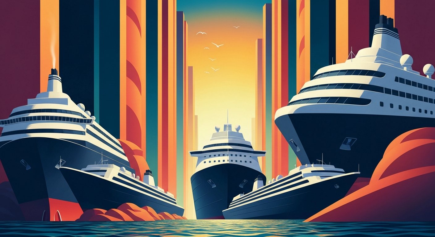 A highly stylized, geometric illustration in the Art Deco style, featuring sweeping gradients of blues and golds, with towering, streamlined forms suggesting the grand scale of cruise ships and ocean landscapes, capturing the conceptual essence of the new Royal Caribbean loyalty credit cards.