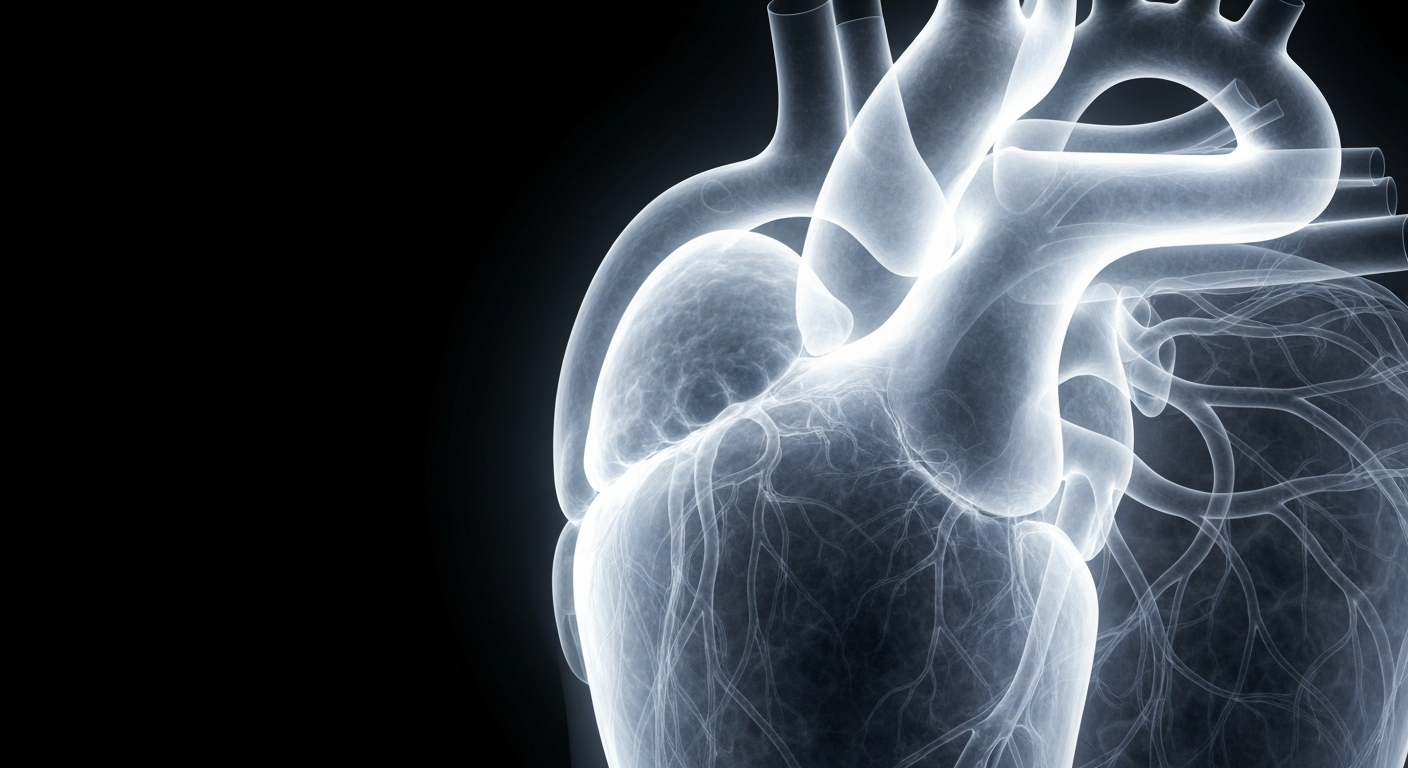 A translucent, ghostly X-ray image revealing the intricate structure of a human heart, conceptually representing the complex field of cardiology and the leadership transition at the American College of Cardiology.