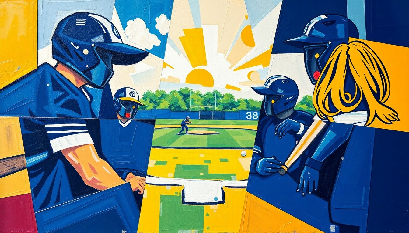 A cubist-style painting depicting a fragmented, multi-angled view of a softball game or practice, with the players and field broken down into sharp, overlapping geometric shapes in navy blue, gold, and white colors.