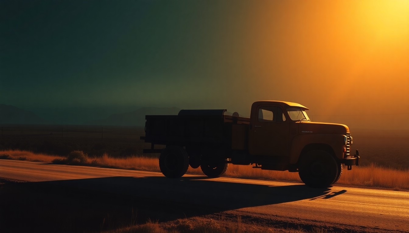 An extreme close-up of a weathered, red pickup truck parked on a rural road, the warm sunlight casting long shadows across the vehicle's surface, conceptually representing the changing political fortunes in a traditionally conservative district.