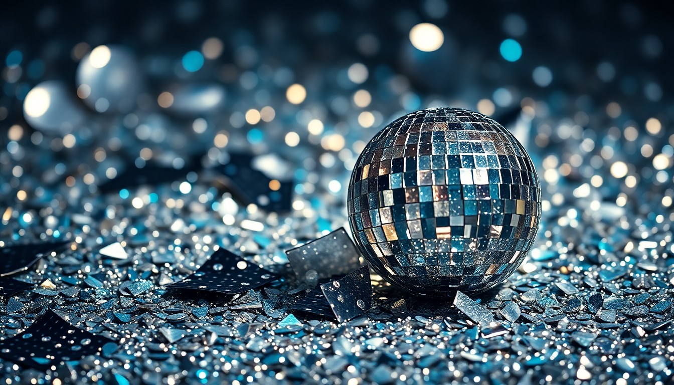 An extreme close-up photograph of shimmering sequins and shards of reflective glass, capturing the high-fashion, high-contrast glamour of the country music industry.